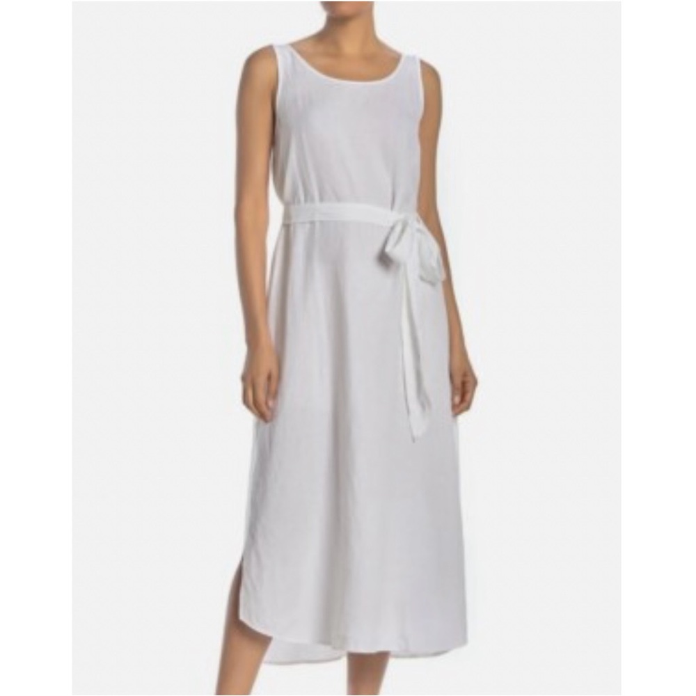 Eileen Fisher White Linen Blend Waist Tie Midi Sleeveless Dress Resortwear
